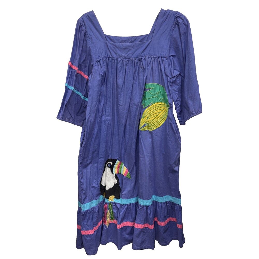 Ramona Rull Tropical Dress Purple XL Cotton Embroidered Pockets Vintage Tucan